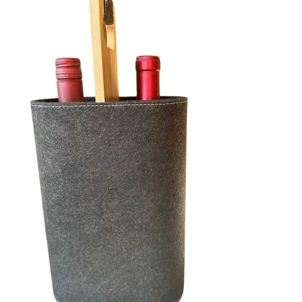 Gray Suede Wine Holder with Wooden Handle